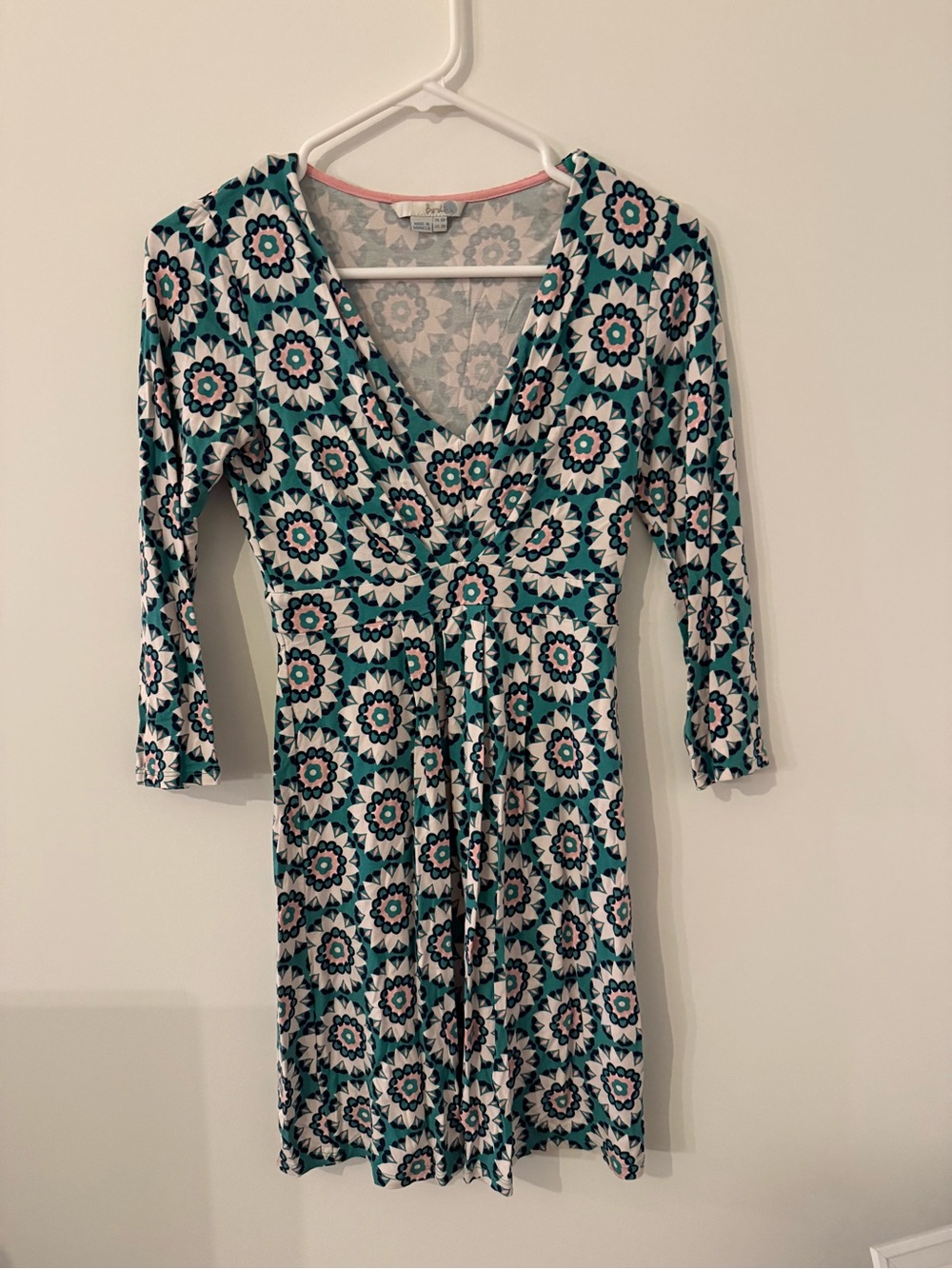 Boden Mandala Geometric Print 3/4 Sleeve Dress Size 2 Turquoise Pink